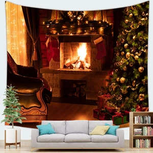 Christmas peach skin tapestry featuring a cozy fireplace and tree scene in a warm room