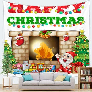 Christmas tapestry featuring fireplace and Santa Claus with Happy Christmas text decor