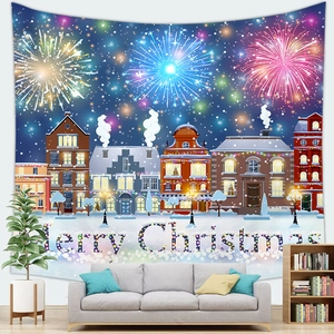 Christmas tapestry with snowy village and fireworks scene for festive home wall decoration