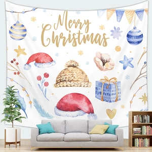 Macro shot of watercolor Christmas tapestry with Merry Christmas text and festive icons