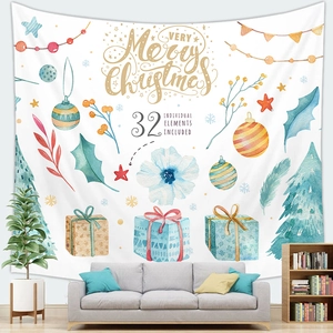 Detail of Christmas wall tapestry with 32 watercolor elements shown over a sofa