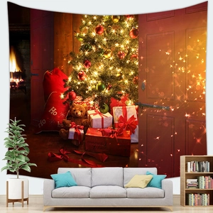 Detail of Christmas wall tapestry showing a warm holiday scene with a tree and gift boxes