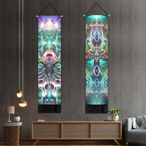 Vertikale Meditations-Wandteppiche mit geometrischen Mustern und schwarzen Quasten
