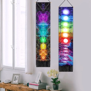 Vertikale Chakra Meditation Wandteppiche mit Holzstab und schwarzen Quasten für Deko