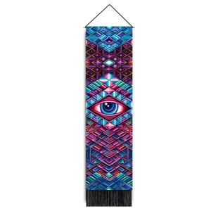 Vertikaler Meditations Wandteppich mit Neon Auge-Design und schwarzen Fransen Quasten