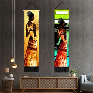 2er Set Afrikanische Silhouette Wandteppich mit Quasten und Holzaufhängung