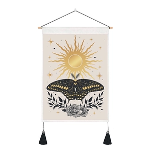 Bohemian sun and moth tapestry with wooden pole and elegant black hanging tassels