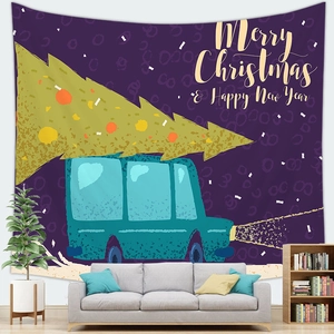 Christmas wall tapestry with a teal car carrying a tree on a deep purple background