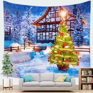 Winter Christmas tree wall tapestry with snow cabin design for festive home living room decor