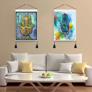 Bohemian Hamsa Hand wall hanging set with evil eye design and black tassels