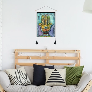 Hamsa Hand and Evil Eye wall tapestry with golden tassels for bohemian room decor