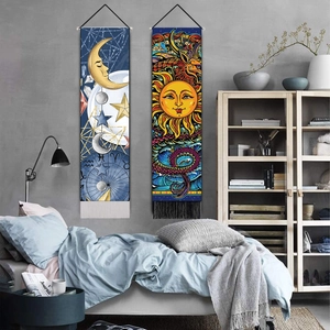Nordic celestial moon and sun wall art tapestries with vintage fringe decor