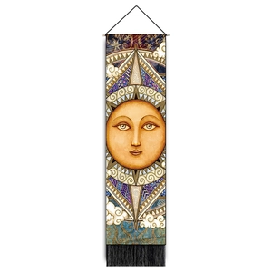 Detail of Nordic sun and moon tapestry with astrology compass motifs and black tassels