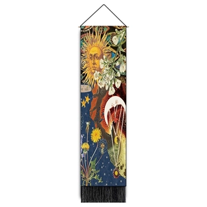 Vertical wall scroll detail featuring mystical sun and moon art with bottom tassels