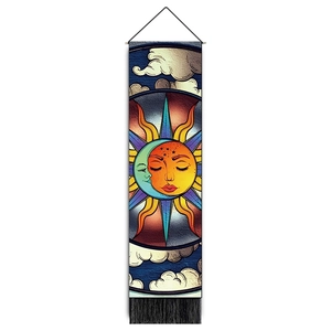Close-up of Nordic sun and moon tapestry with vibrant cosmic colors and black fringe