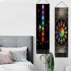 Meditation energy wall tapestry with chakra symbols and zodiac mandala decorative fringes