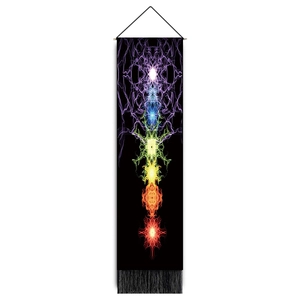 Vertical meditation wall tapestry with seven chakra colors and black tassels decor