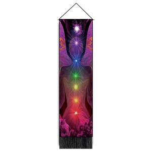 Vertical meditation wall tapestry featuring seven chakra points and black bottom fringe