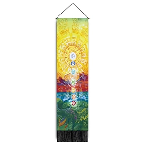 Meditation tapestry featuring seven chakra symbols with wooden rod and black fringe tassels