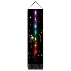 Detailed vertical wall tapestry with celestial chakra nebula design and black tassels