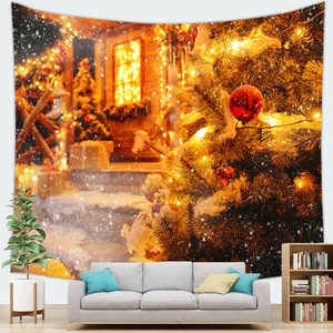 Christmas tapestry with cozy snow cabin and festive tree for living room wall decor