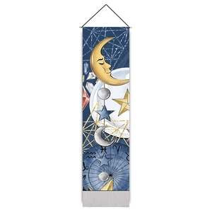 Nordic celestial moon and stars tapestry wall hanging with blue astrological patterns