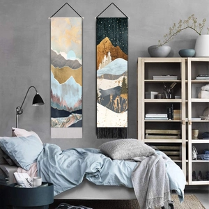 Nordic wall hanging tapestry set with sunrise mountain landscape and black tassels decor