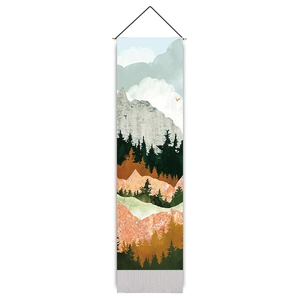 Vertical landscape tapestry featuring sunrise over misty mountains and forest with wood frame