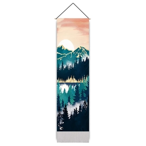 Modern sunrise mountain landscape wall tapestry with wooden scroll for home decor