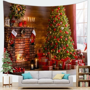 Detail of soft peach skin Christmas tapestry showing festive fireplace and tree