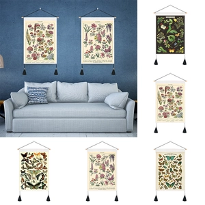 Vintage Wissenschaftliche Illustration Wandteppich Mit Holzstange Quasten Retro Blume Schmetterling Polyester Baumwolle Poster Home Decor