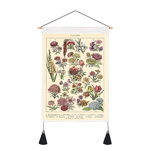 Detailansicht der botanischen Wandrolle mit Blumen und dekorativem Holz-Hängerahmen