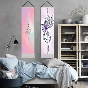 Bohemian lotus flower wall tapestries with pink and blue gradient on a modern gray wall