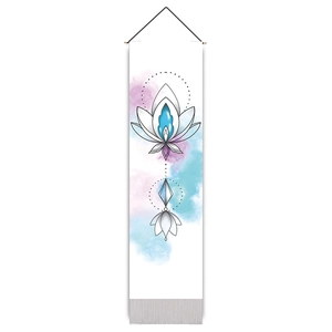 Detail of bohemian lotus mandala wall tapestry with watercolor print and wood hanger
