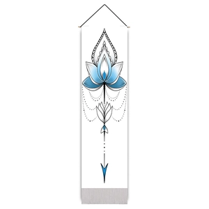 Detail of bohemian mandala wall hanging with blue lotus design and geometric patterns