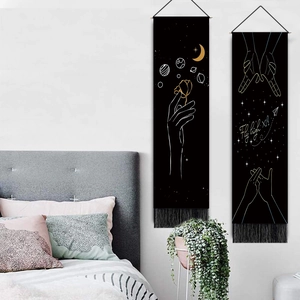 Modern minimalist line art wall tapestries set with moon and rose digital prints