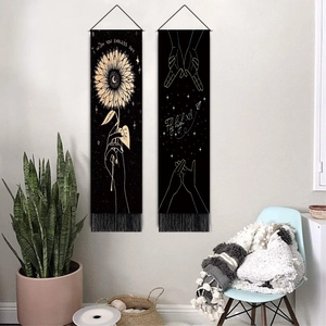 Modern minimalist black wall tapestries with gold sunflower and line art prints with tassels