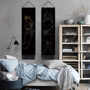 Modern minimalist black wall hanging tapestries with creative gold and white line art