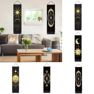Bohemian Wall Hanging Tapestry Cotton Polyester Celestial Sun Moon Print Vertical Decor With Wood Pole And Tassels