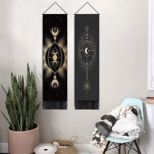 Boho sun and moon phase wall hanging tapestries with black fringe for living room decor