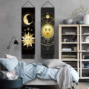 Bohemian sun and moon wall tapestry set with black fringe and wooden hanging poles