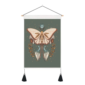Vintage moth and moon phase wall tapestry with wooden rod and black tassels