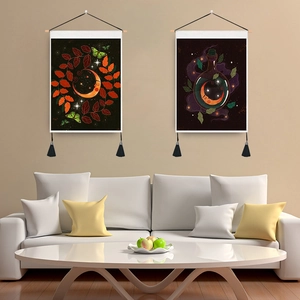 Butterfly and Moon decorative wall tapestry set with wood scroll and black tassels