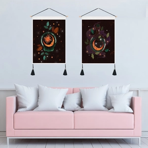 Set of 2 celestial sun and moon tapestries with wooden poles and black tassels decor