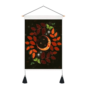 Artistic butterfly and moon decorative wall tapestry with black fabric and wooden pole