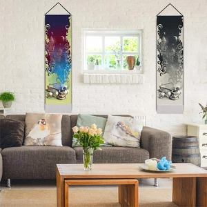 Vertical wall tapestry set featuring fantasy castle and moon theme in a modern living room
