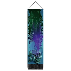 Detailed vertical wall tapestry with magic castle, moon, and books featuring black tassels