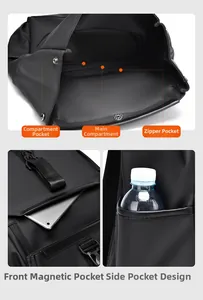 Detailed views of multifunctional black backpack showing pockets and water resistant fabric