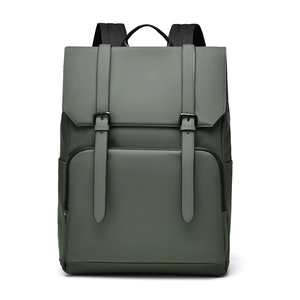 Minimalist olive green travel backpack with matte waterproof fabric and flap-top buckle closure