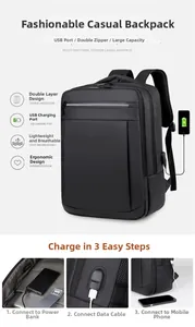 Detail of men's business backpack featuring external USB charging port and dual zipper system